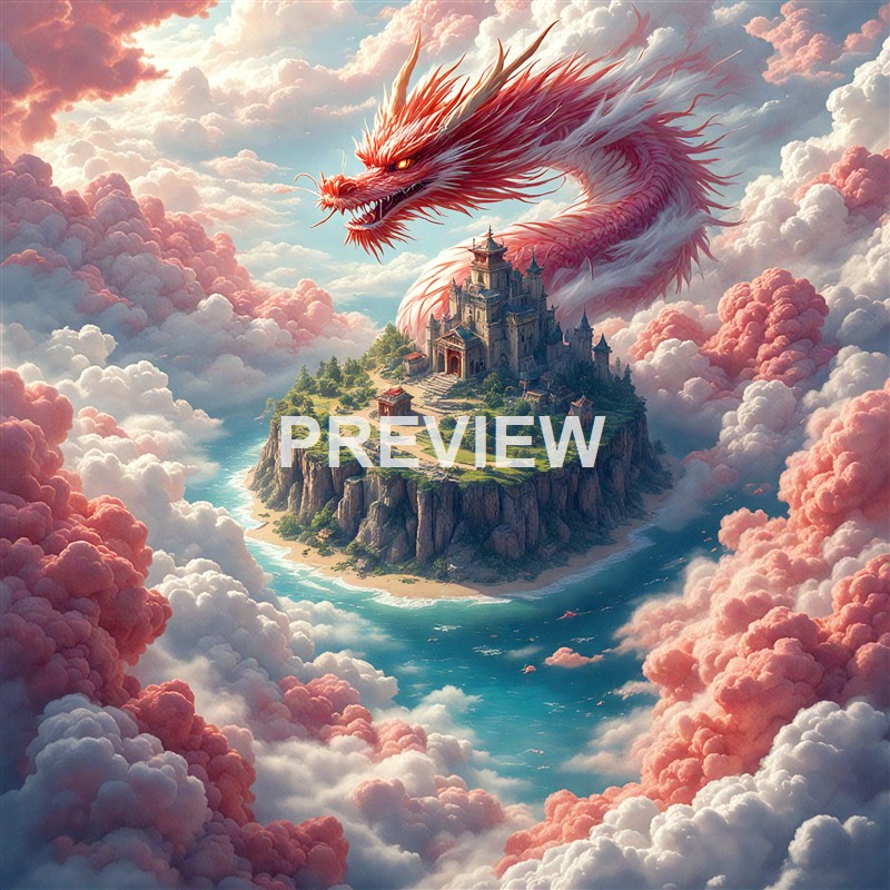 A fantastical scene featuring a large, fiery pink and white dragon coiled around a floating island with a medieval castle, surrounded by pink and white fluffy clouds in a vibrant sky.